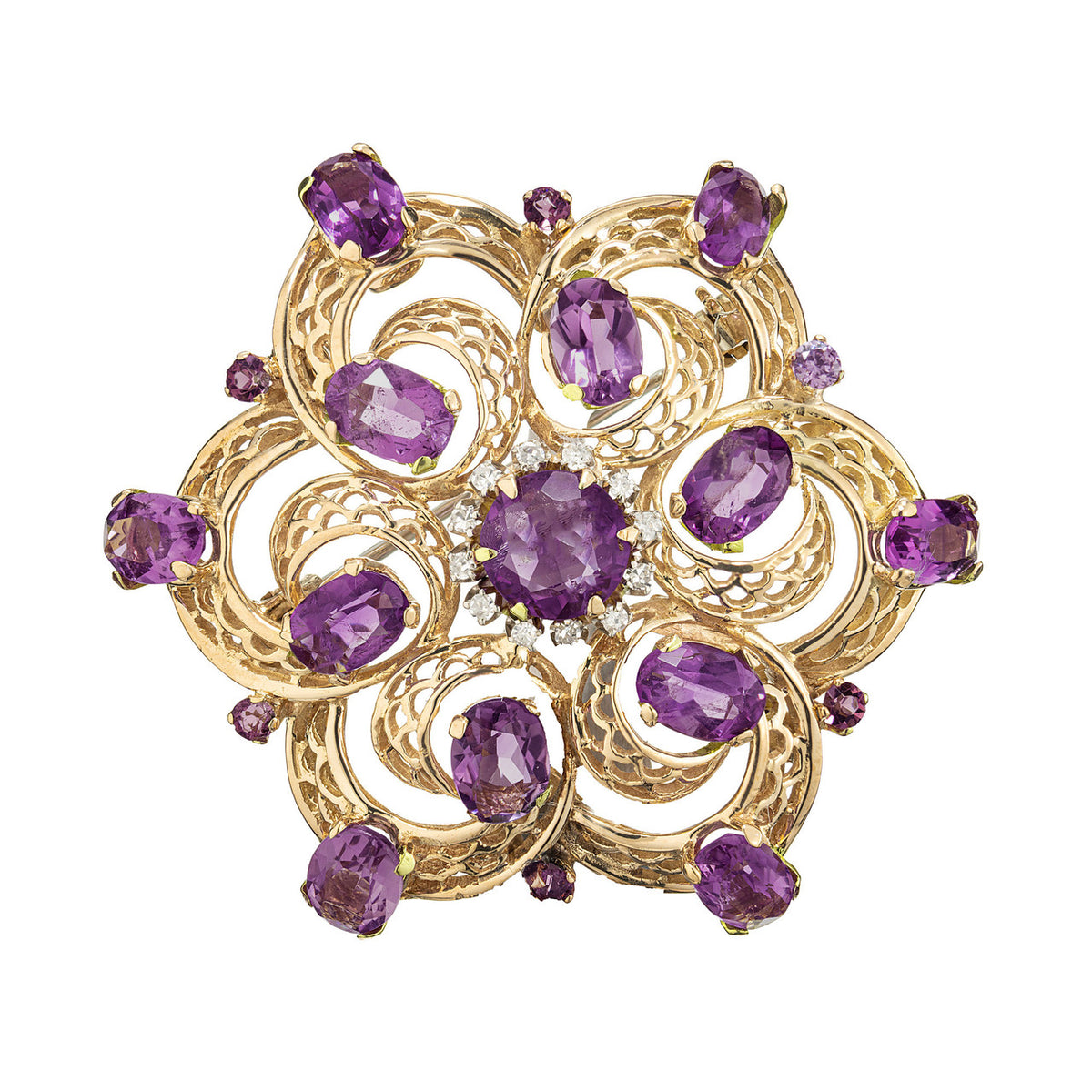 6.20 Carats Oval Amethyst Round Diamond Yellow Gold Cluster Brooch Pendant