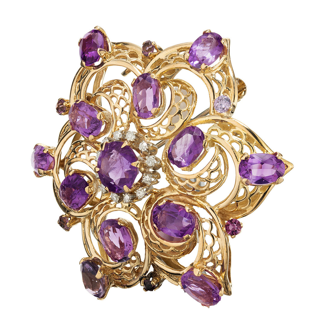 6.20 Carats Oval Amethyst Round Diamond Yellow Gold Cluster Brooch Pendant – image 2