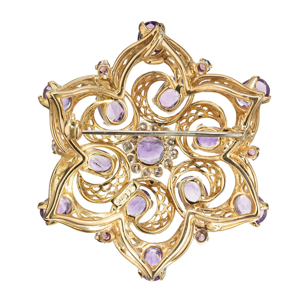 6.20 Carats Oval Amethyst Round Diamond Yellow Gold Cluster Brooch Pendant – image 3