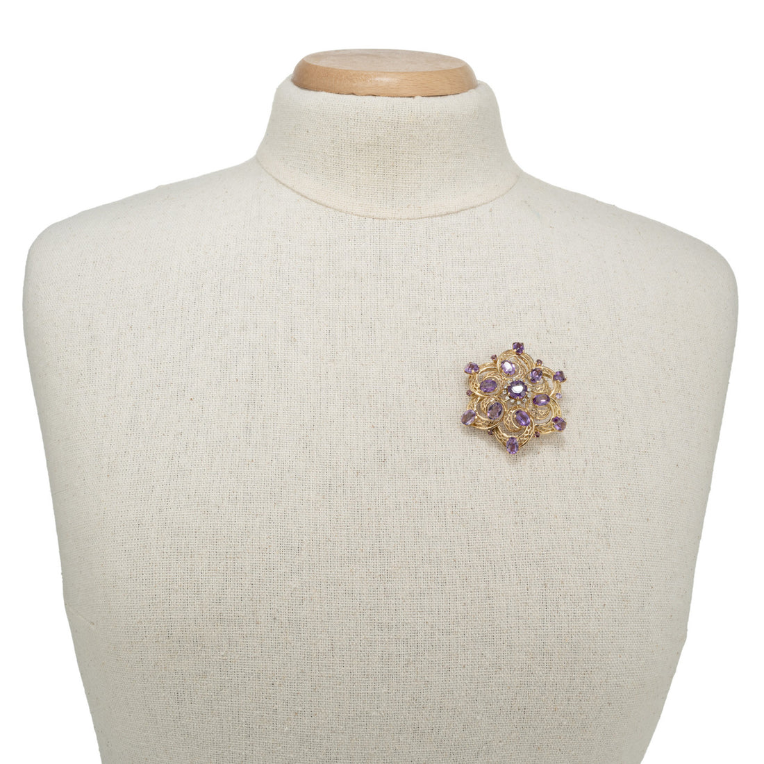 6.20 Carats Oval Amethyst Round Diamond Yellow Gold Cluster Brooch Pendant – image 5