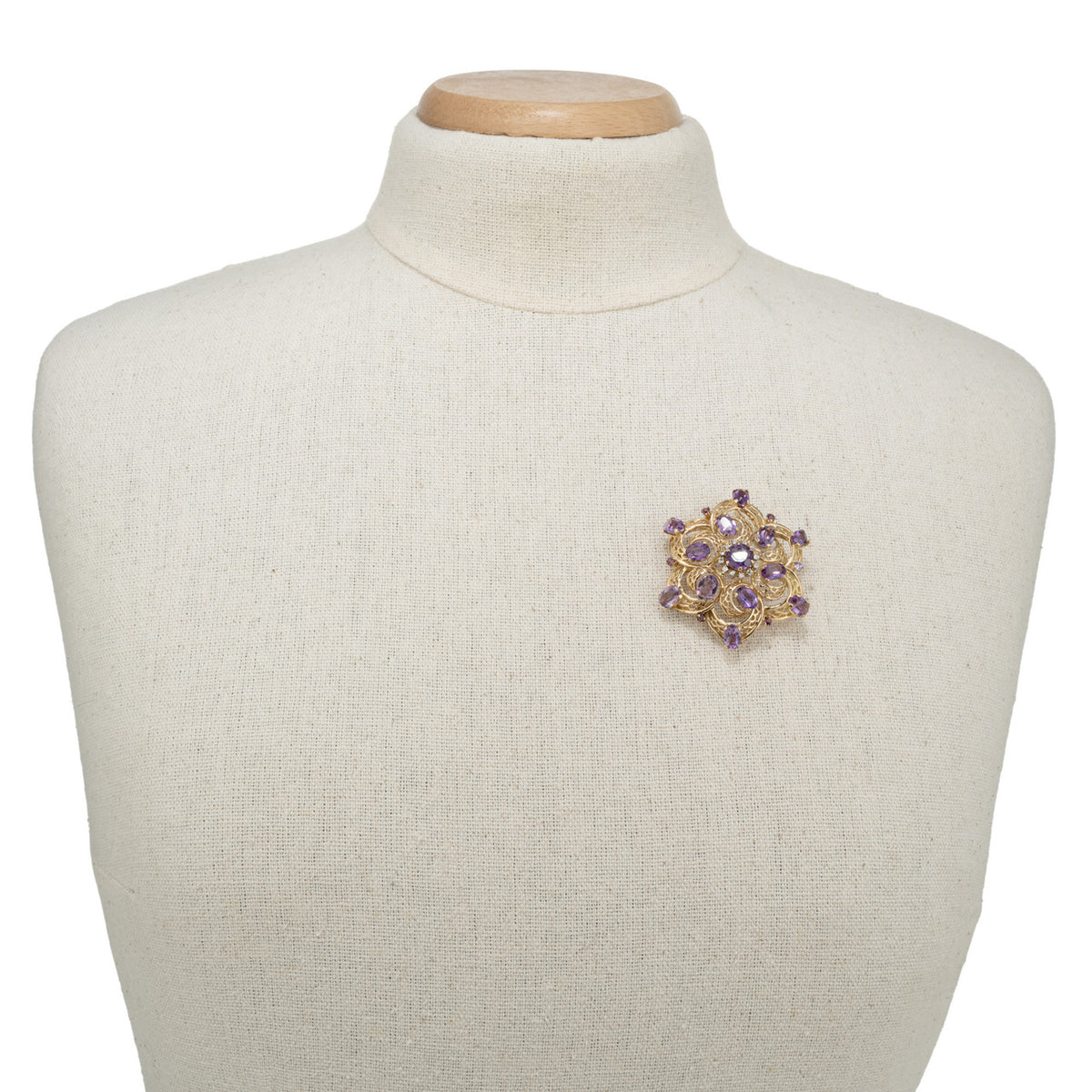 6.20 Carats Oval Amethyst Round Diamond Yellow Gold Cluster Brooch Pendant – image 5