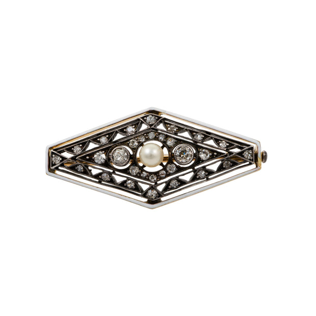 GIA Certified Saltwater Pearl Diamond Yellow Gold Silver Brooch