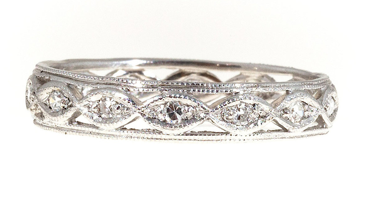 Vintage Art Deco Wide Platinum Delicate Bead Work 14 Diamond Eternity Ring