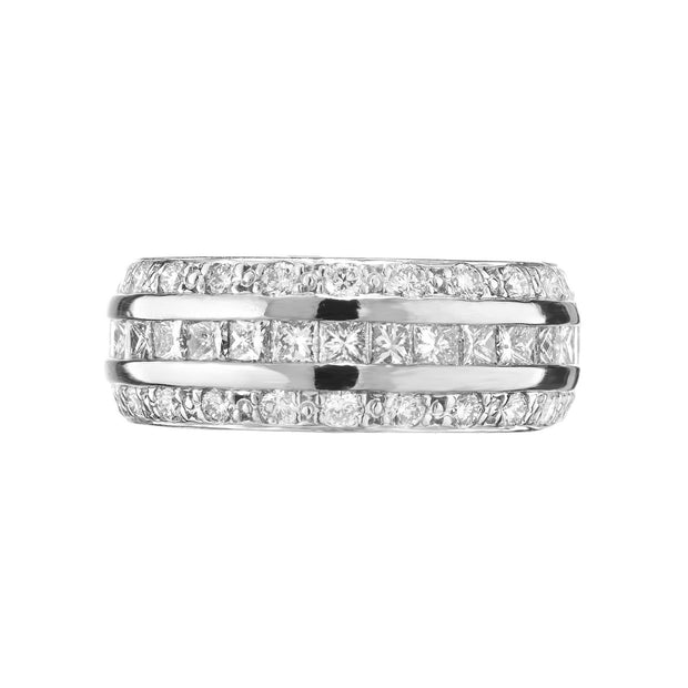 2.00 Carat Three-Row Princess Round Cut Diamond White Gold Wedding Band Ring