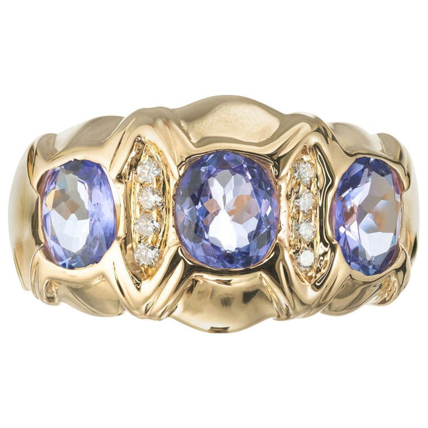 1.50 Carat Tanzanite Diamond Yellow Gold Three-Stone Band Ring