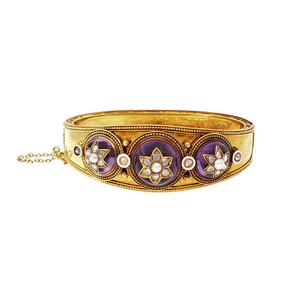 Carlo Giuliano 1870 Bangle Bracelet Amethyst Natural Pearl Rose Cut Diamond