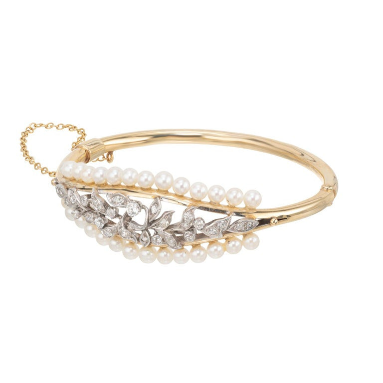 Art Deco .50 Carat Diamond Pearl Two Tone Gold Bracelet – image 2
