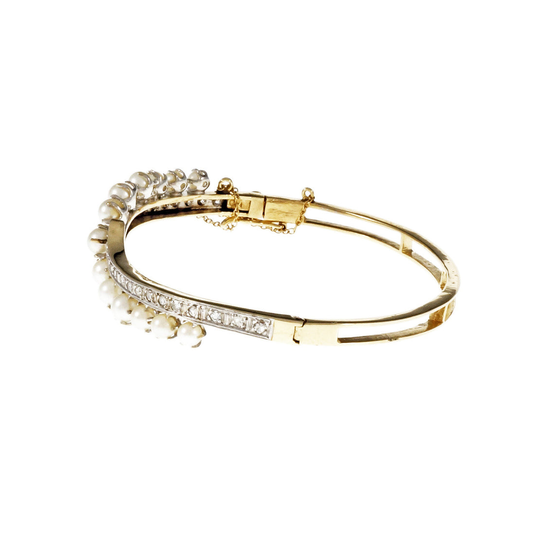 Vintage 1940 Cultured Pearl Bangle Bracelet 14k Yellow Gold Diamond – image 2