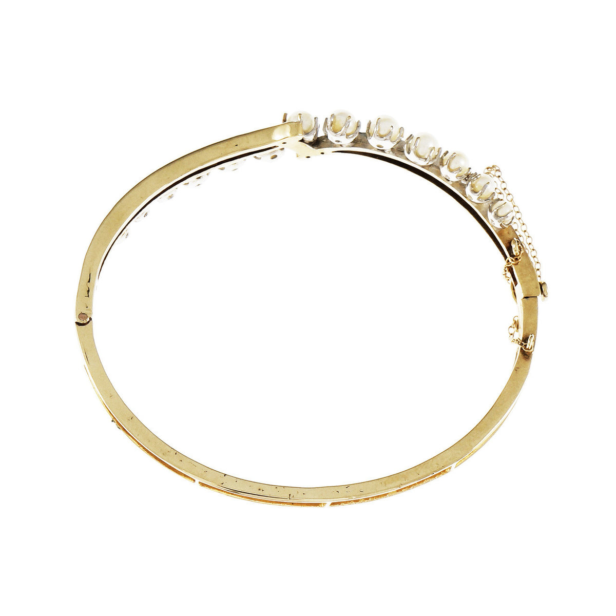 Vintage 1940 Cultured Pearl Bangle Bracelet 14k Yellow Gold Diamond – image 3