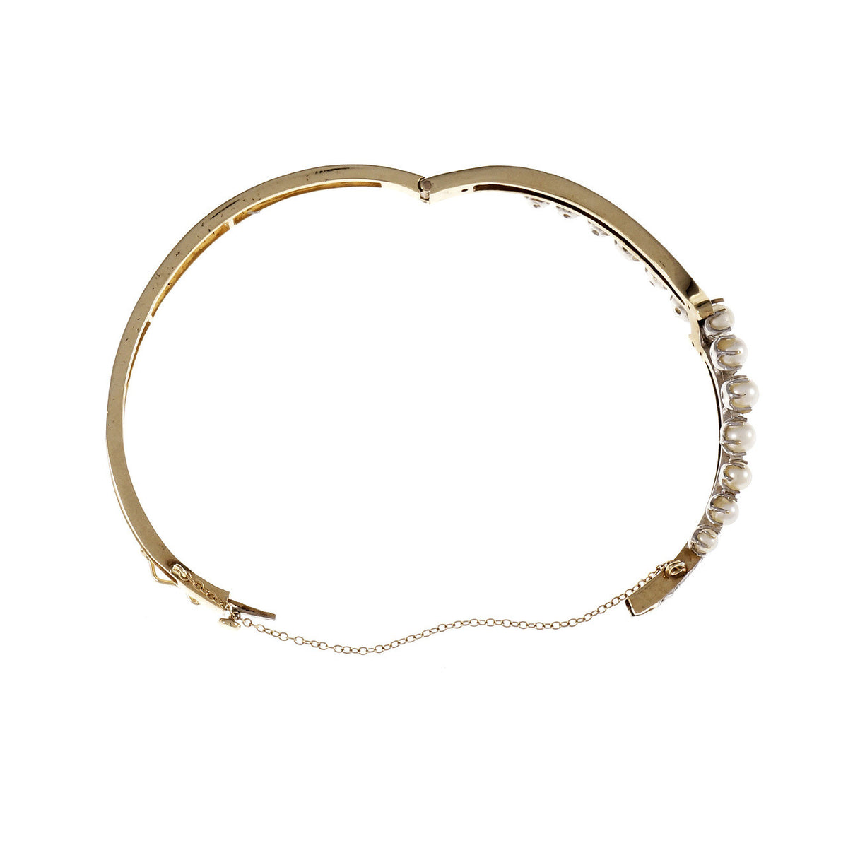 Vintage 1940 Cultured Pearl Bangle Bracelet 14k Yellow Gold Diamond – image 4