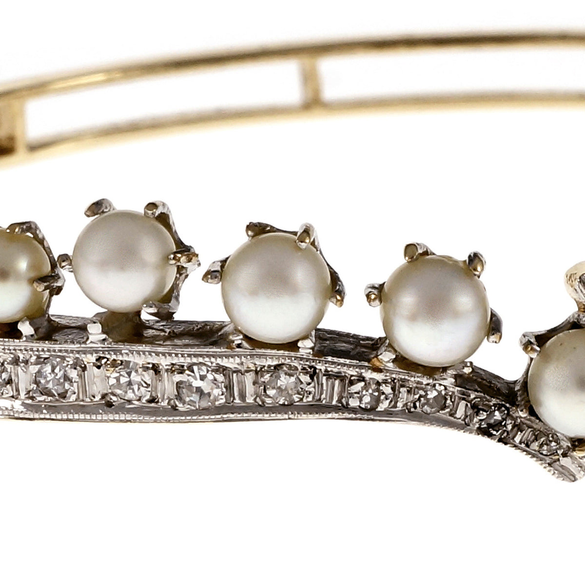 Vintage 1940 Cultured Pearl Bangle Bracelet 14k Yellow Gold Diamond – image 5