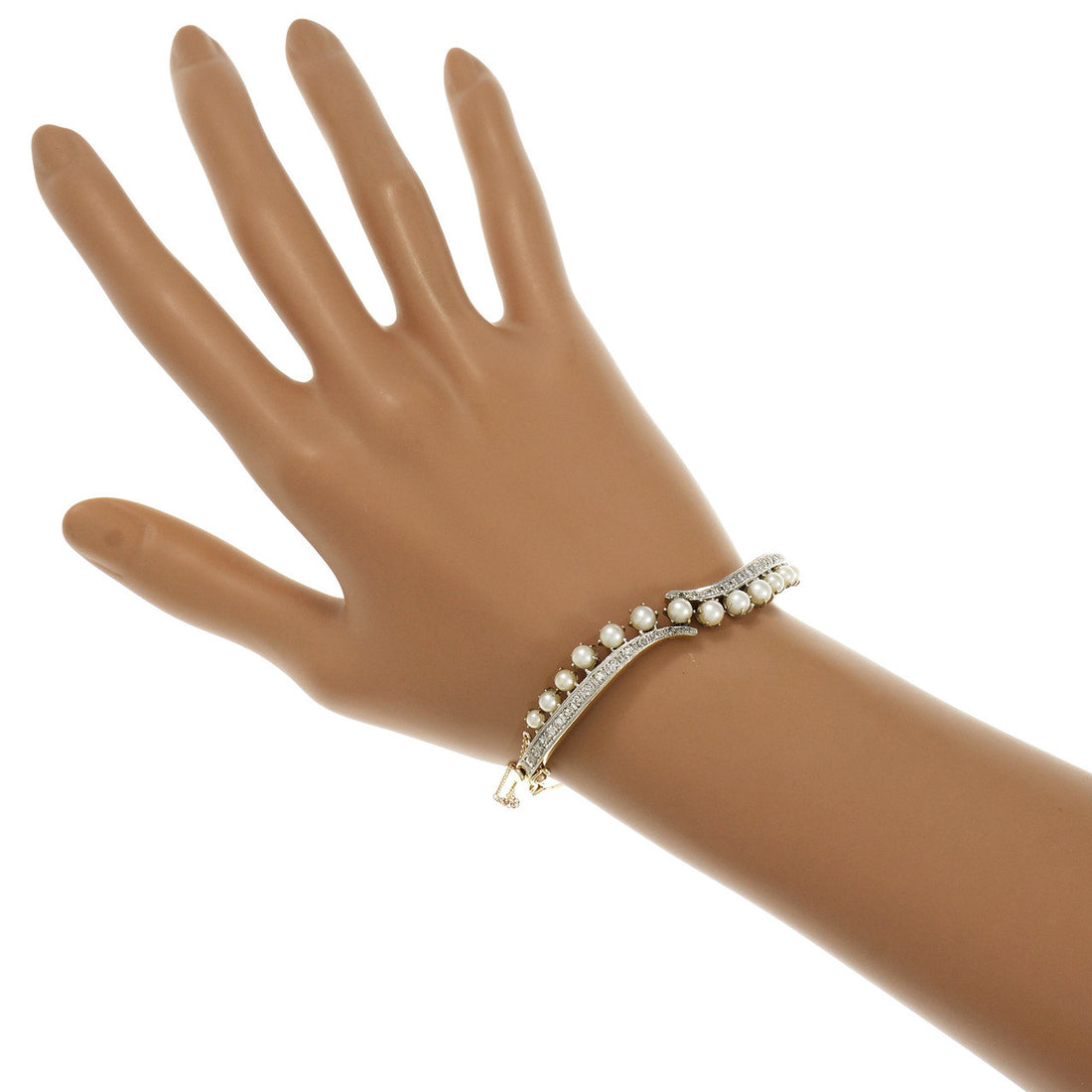 Vintage 1940 Cultured Pearl Bangle Bracelet 14k Yellow Gold Diamond – image 7