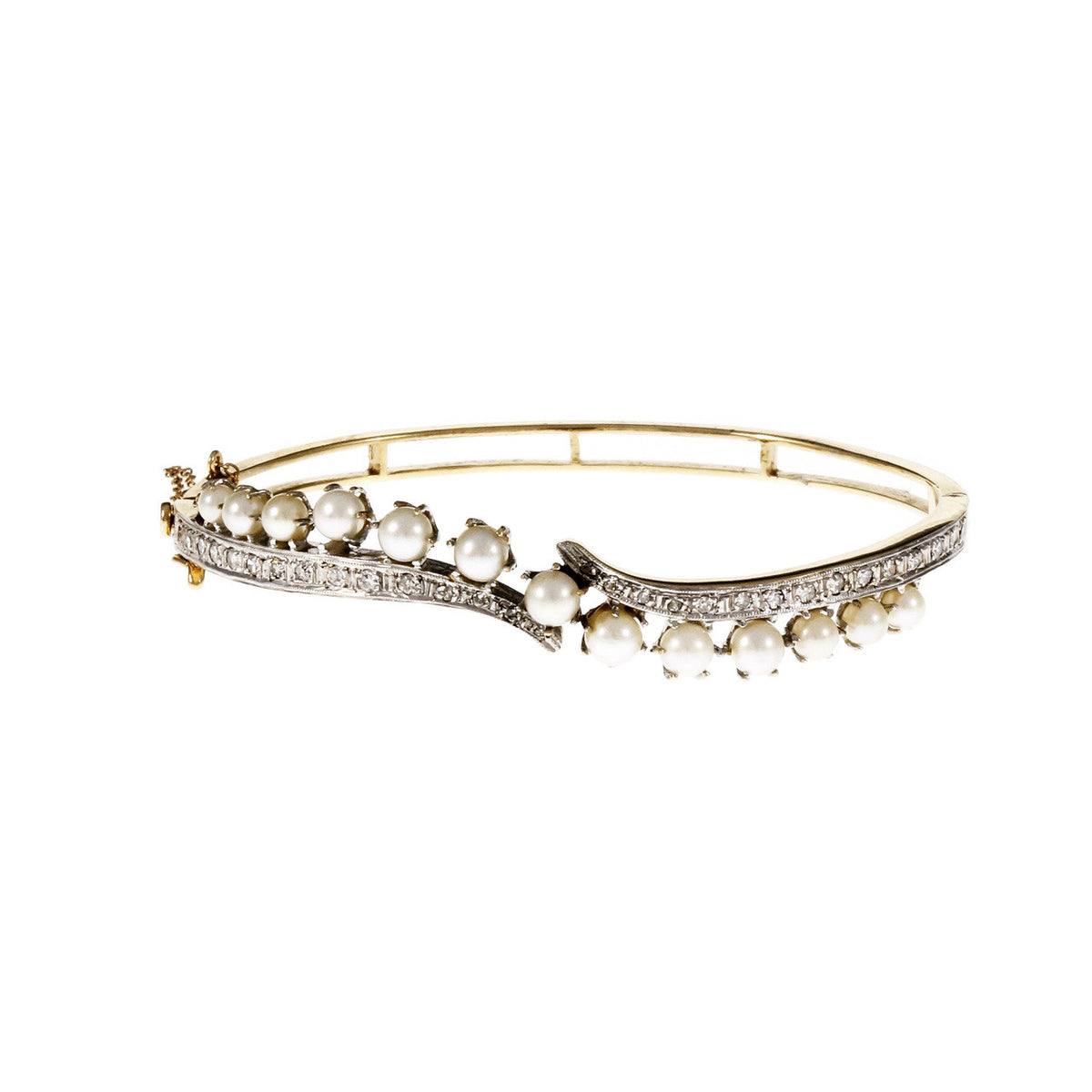 Vintage 1940 Cultured Pearl Bangle Bracelet 14k Yellow Gold Diamond