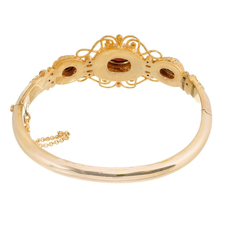 Victorian Oval Garnet Cabochon Yellow Gold Bangle Bracelet – image 4