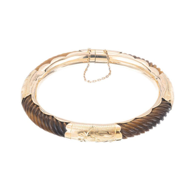Vintage Tiger Eye Yellow Gold Bangle Bracelet