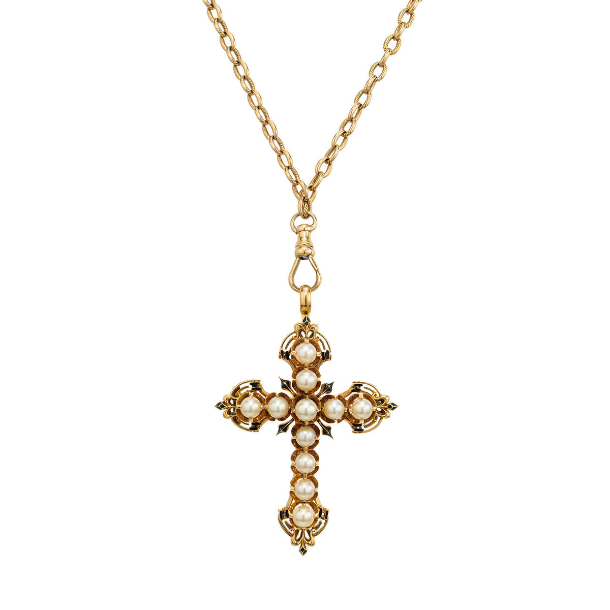 GIA Certified 4.76 mm Pearl Yellow Gold Enamel Cross Brooch Pendant Necklace