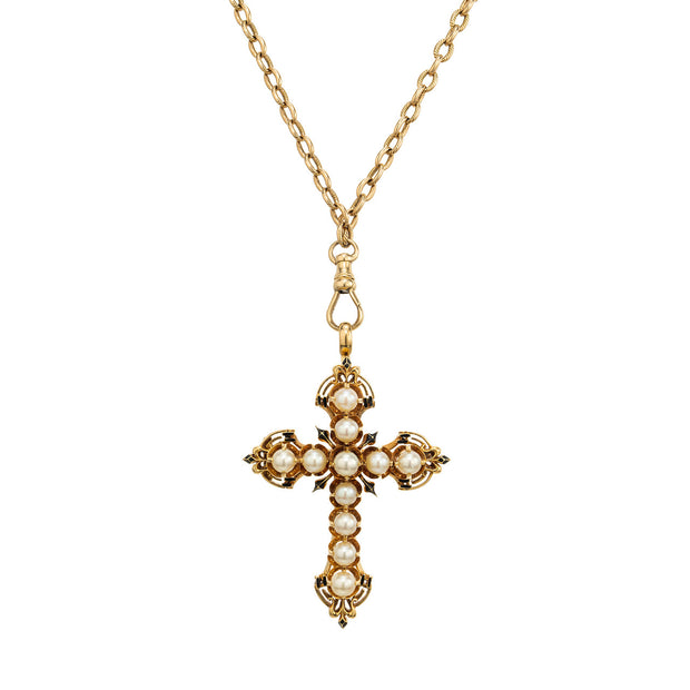 GIA Certified 4.76 mm Pearl Yellow Gold Enamel Cross Brooch Pendant Necklace