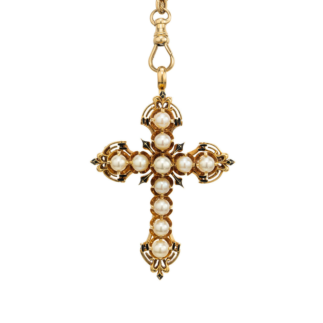 GIA Certified 4.76 mm Pearl Yellow Gold Enamel Cross Brooch Pendant Necklace – image 8