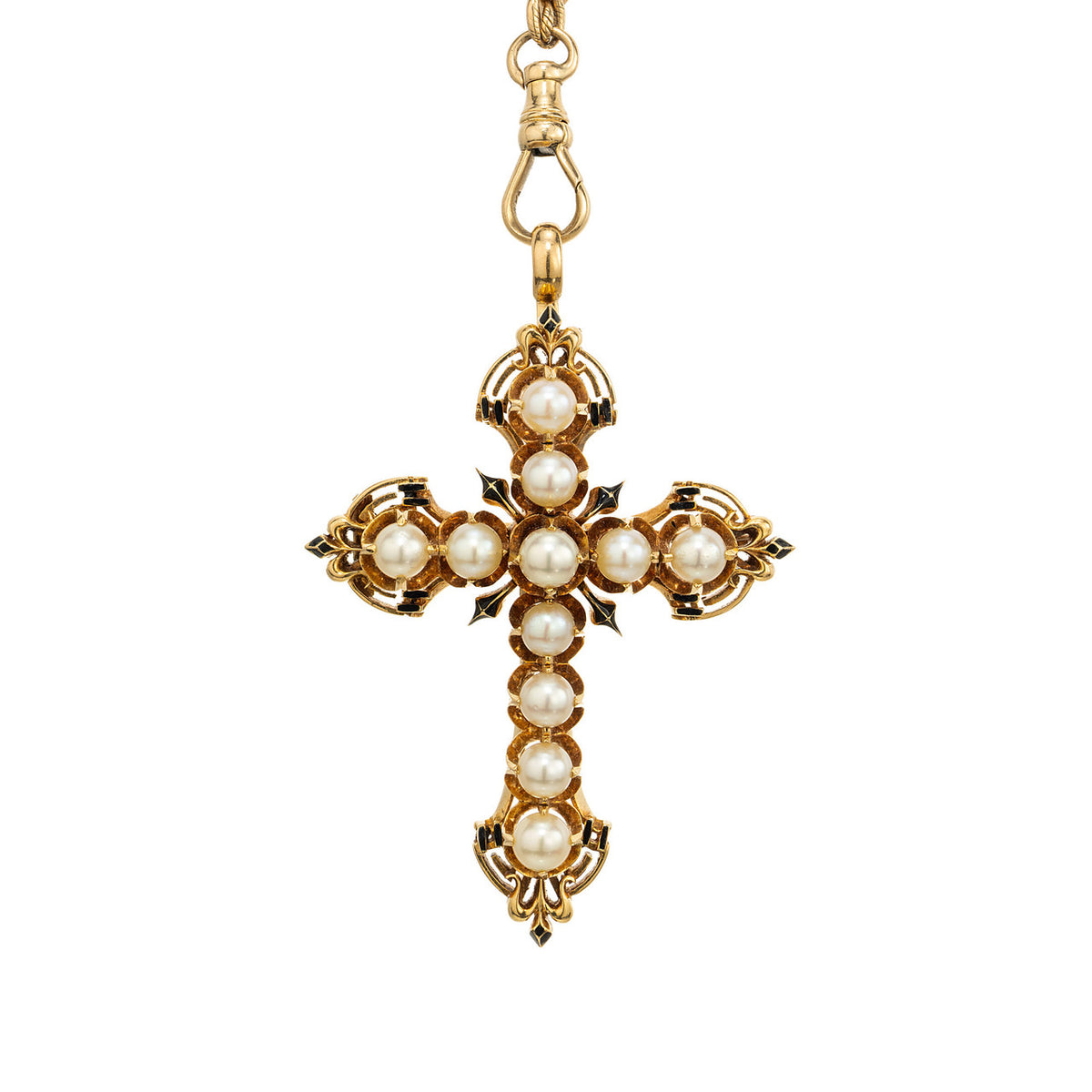 GIA Certified 4.76 mm Pearl Yellow Gold Enamel Cross Brooch Pendant Necklace – image 8