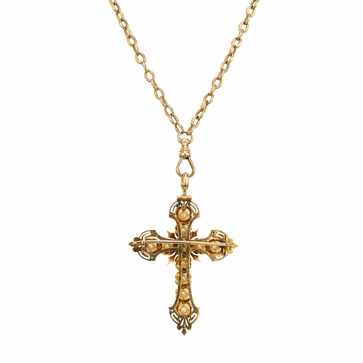 GIA Certified 4.76 mm Pearl Yellow Gold Enamel Cross Brooch Pendant Necklace – image 2