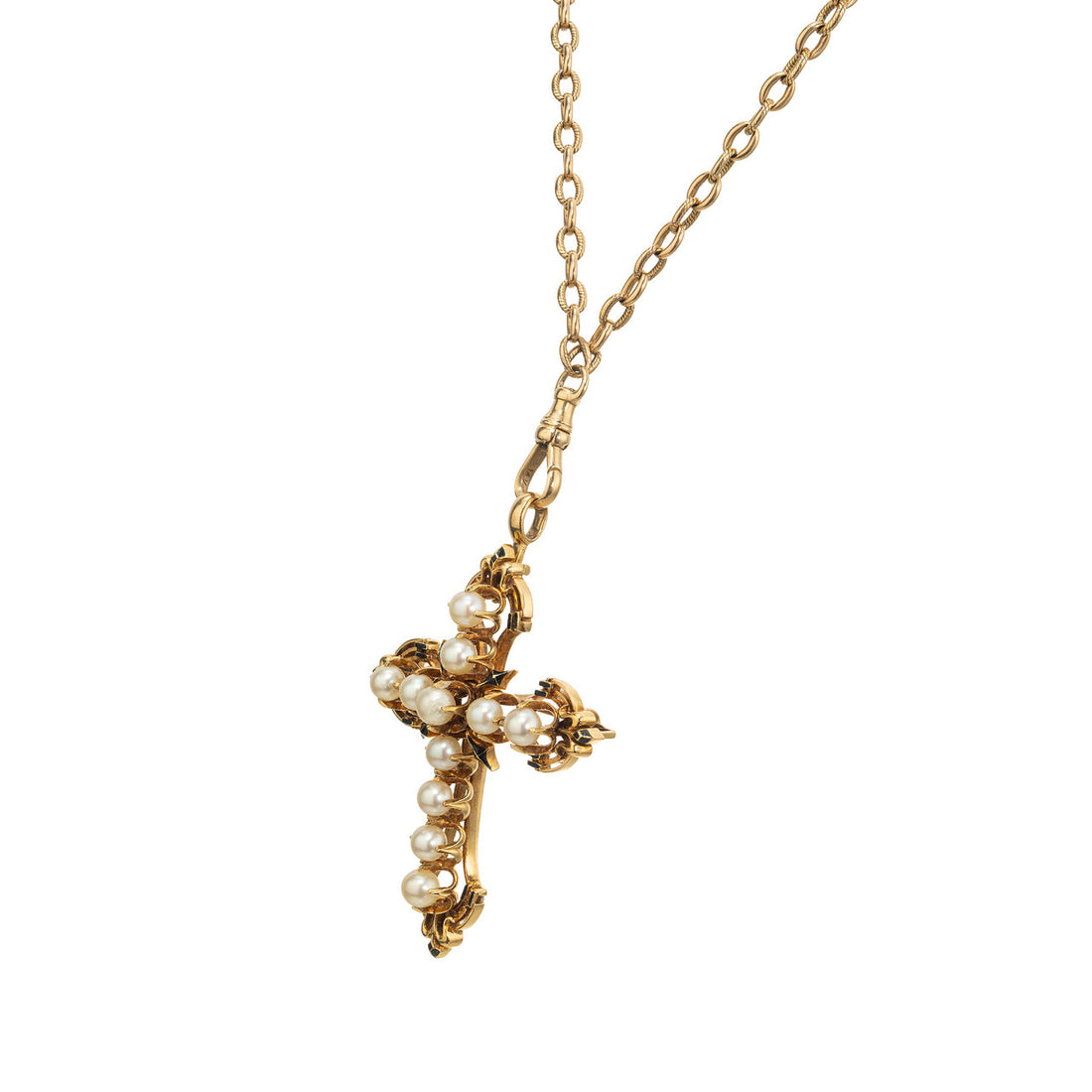 GIA Certified 4.76 mm Pearl Yellow Gold Enamel Cross Brooch Pendant Necklace – image 3