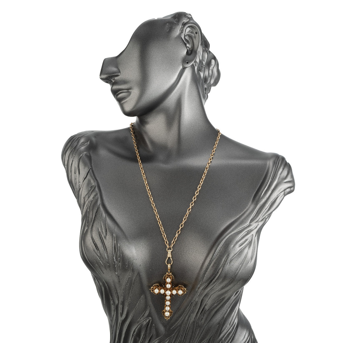 GIA Certified 4.76 mm Pearl Yellow Gold Enamel Cross Brooch Pendant Necklace – image 7