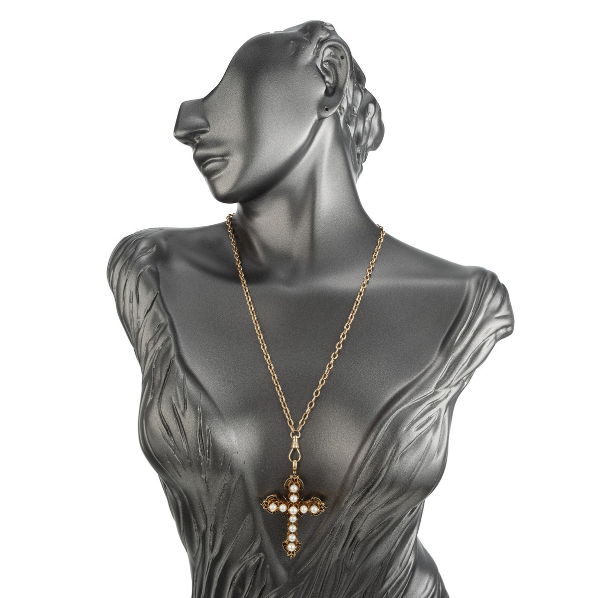 GIA Certified 4.76 mm Pearl Yellow Gold Enamel Cross Brooch Pendant Necklace – image 7