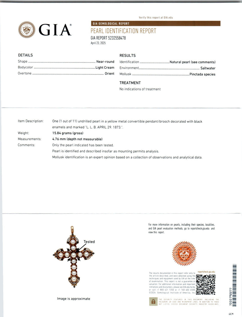 GIA Certified 4.76 mm Pearl Yellow Gold Enamel Cross Brooch Pendant Necklace – image 9