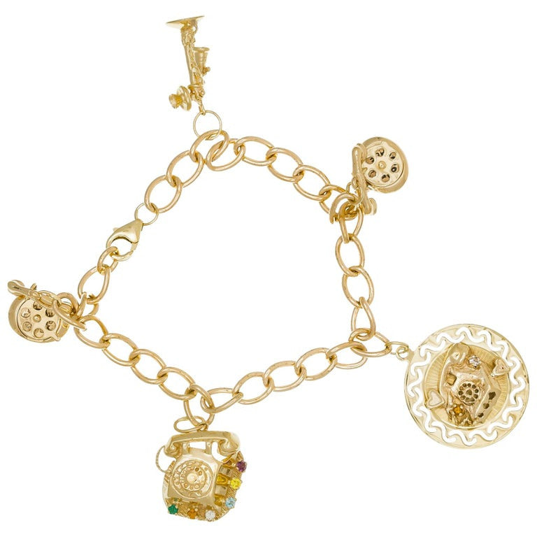 Yellow Gold Telephone Charm Link Bracelet