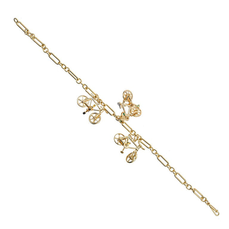 .02 Carat Diamond Emerald Yellow Gold Bicycle Themed Charm Bracelet – image 2