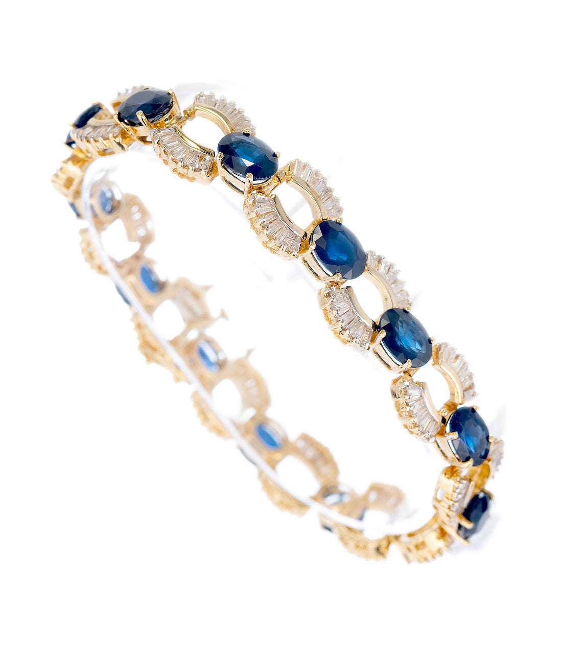 24.74 Carat Oval Sapphire Baguette Diamond Gold U Link Bracelet – image 3