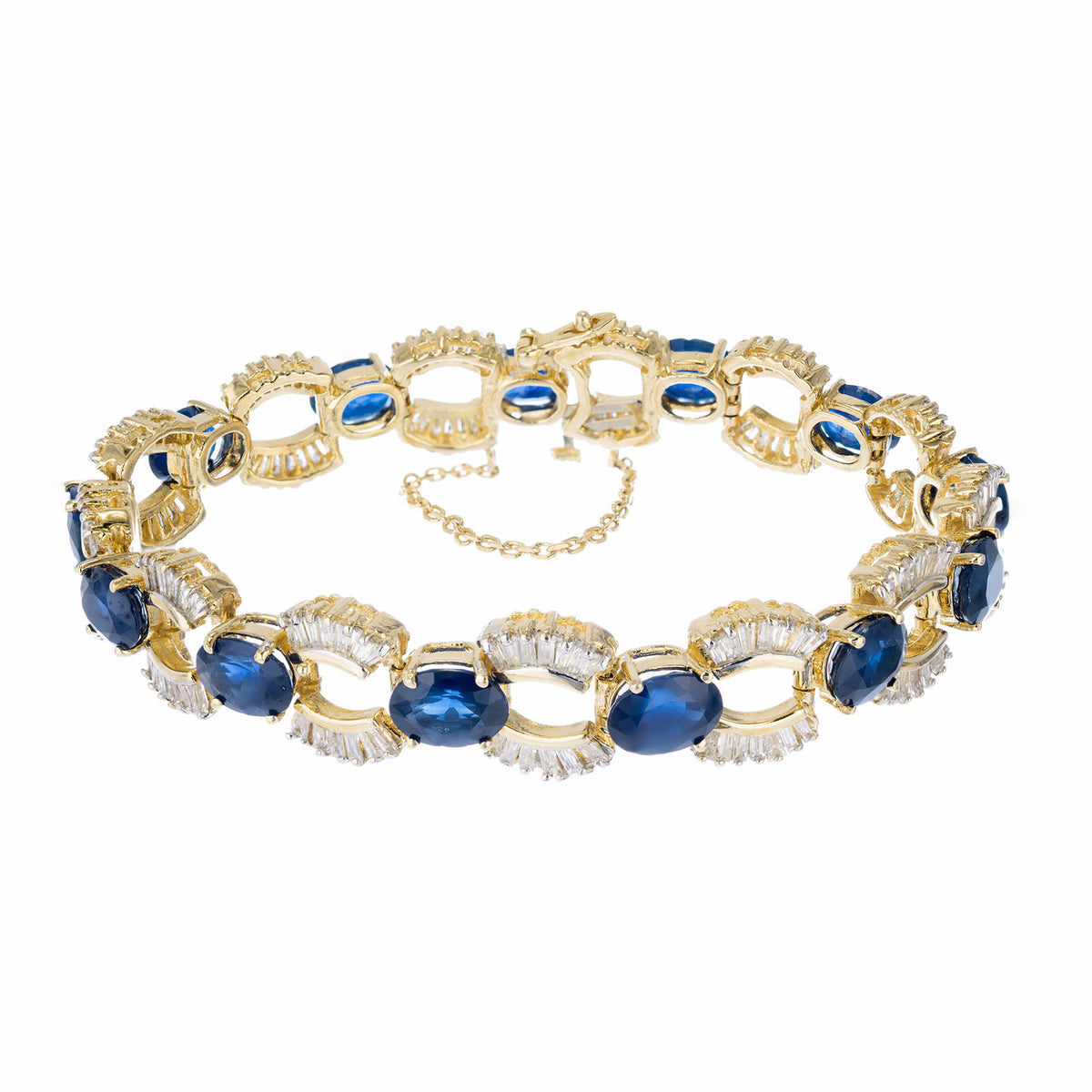 24.74 Carat Oval Sapphire Baguette Diamond Gold U Link Bracelet – image 2