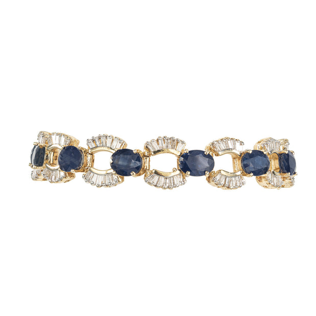 24.74 Carat Oval Sapphire Baguette Diamond Gold U Link Bracelet
