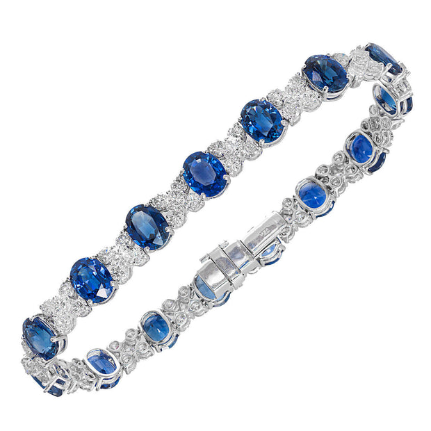 GIA Certified 28.95 Carat Cornflower Oval Sapphire Diamond White Gold Bracelet