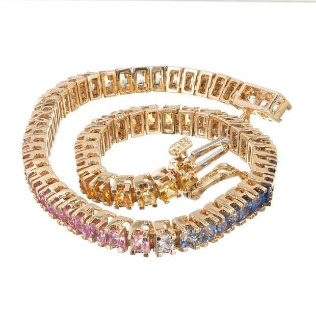 10.00ct Princess Sapphire 14k Gold Hinged Link Bracelet