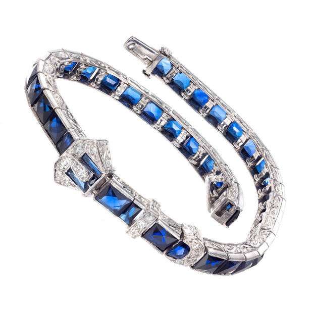 Platinum, Synthetic Sapphire and Genuine Diamond Bracelet.