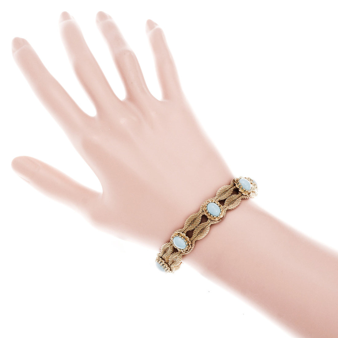 Natural Turquoise Vintage 1950 Bracelet 14k Yellow Gold Mesh – image 5