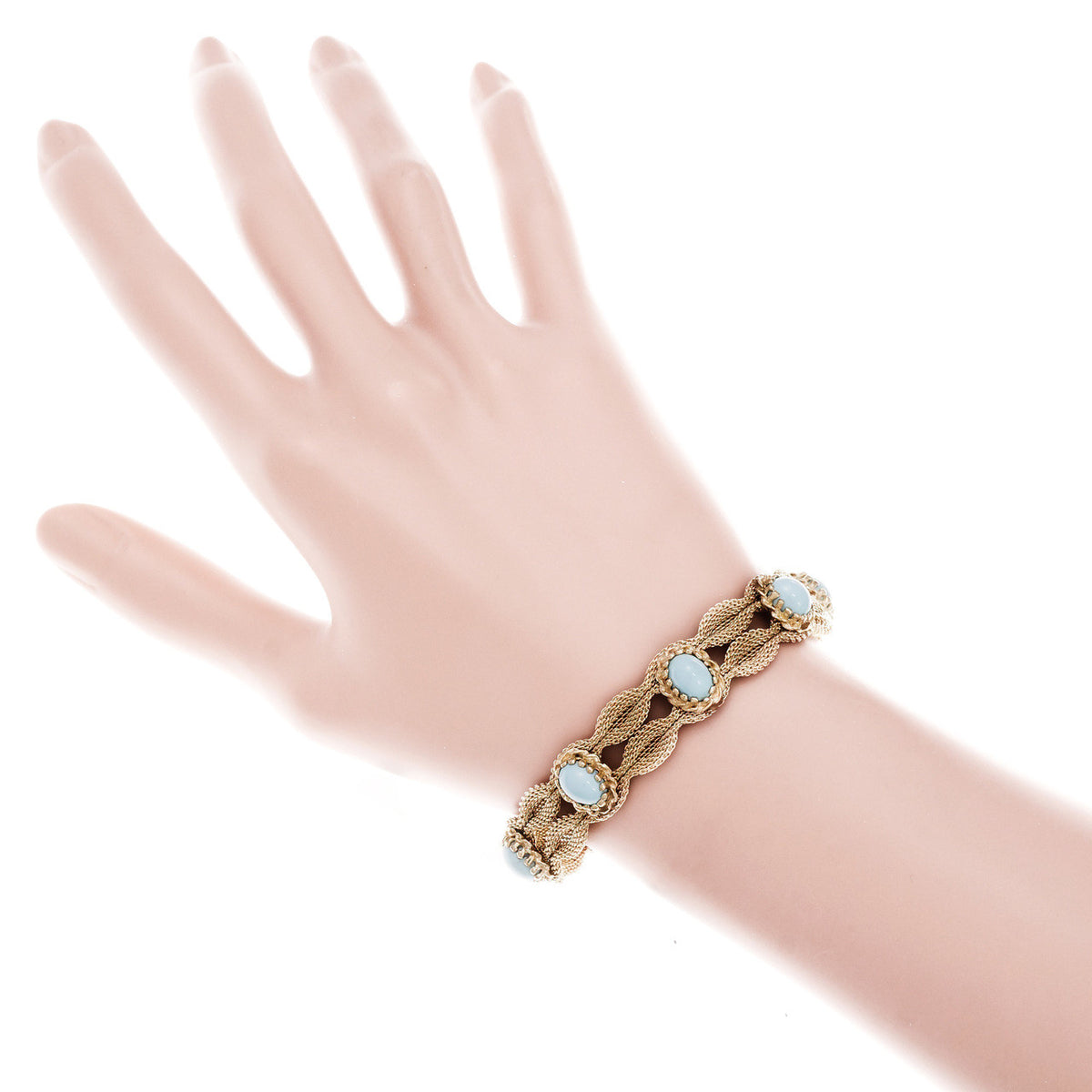 Natural Turquoise Vintage 1950 Bracelet 14k Yellow Gold Mesh – image 5