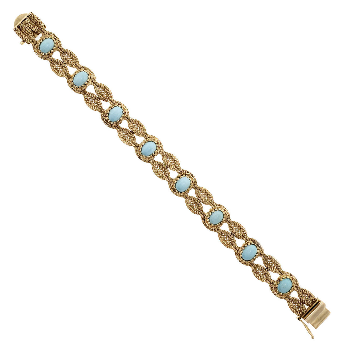 Natural Turquoise Vintage 1950 Bracelet 14k Yellow Gold Mesh