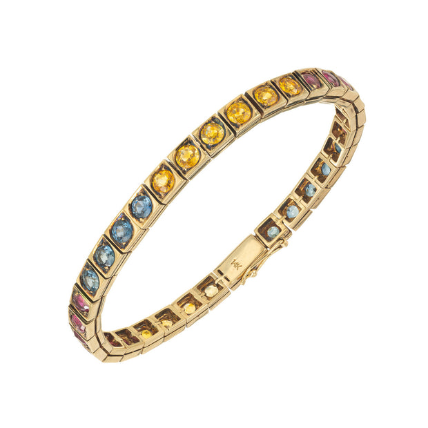 GIA Certified 8.25 Carat Round Ruby Sapphire Hinged Yellow Gold Tennis Bracelet