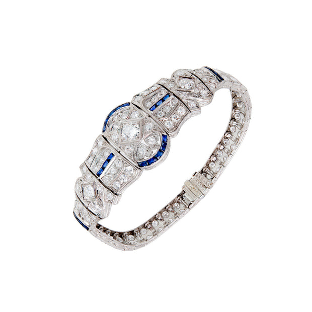 Vintage Art Deco Platinum & 18k Gold Diamond & Sapphire Bracelet