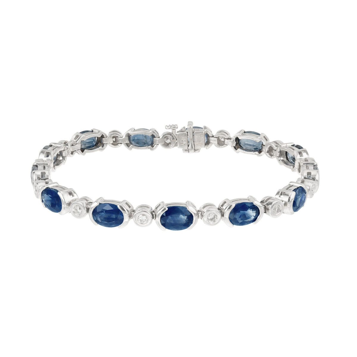 13.40 Carat Oval Blue Sapphire Round Diamond Tube Set Gold Bracelet