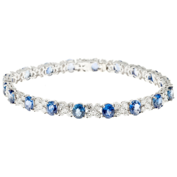 Bright Blue Sapphire Diamond Bracelet “XO” Design 18k White Gold