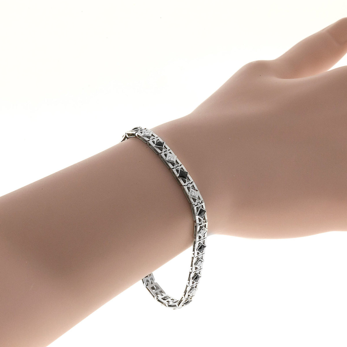 Vintage 1930 Calibré Cut Bracelet Black Onyx European Diamonds 18k White Gold – image 13