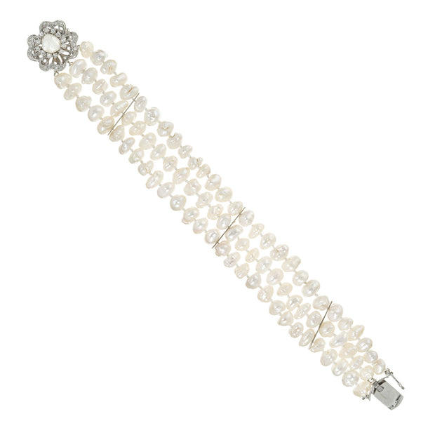 1960's 3 Strand Baroque Cultured Pearl Bracelet White Gold Pearl Diamond