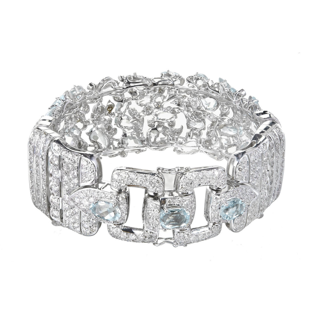 Vintage 1950 Wide Aqua Diamond Bracelet 18 Karat White Gold – image 3