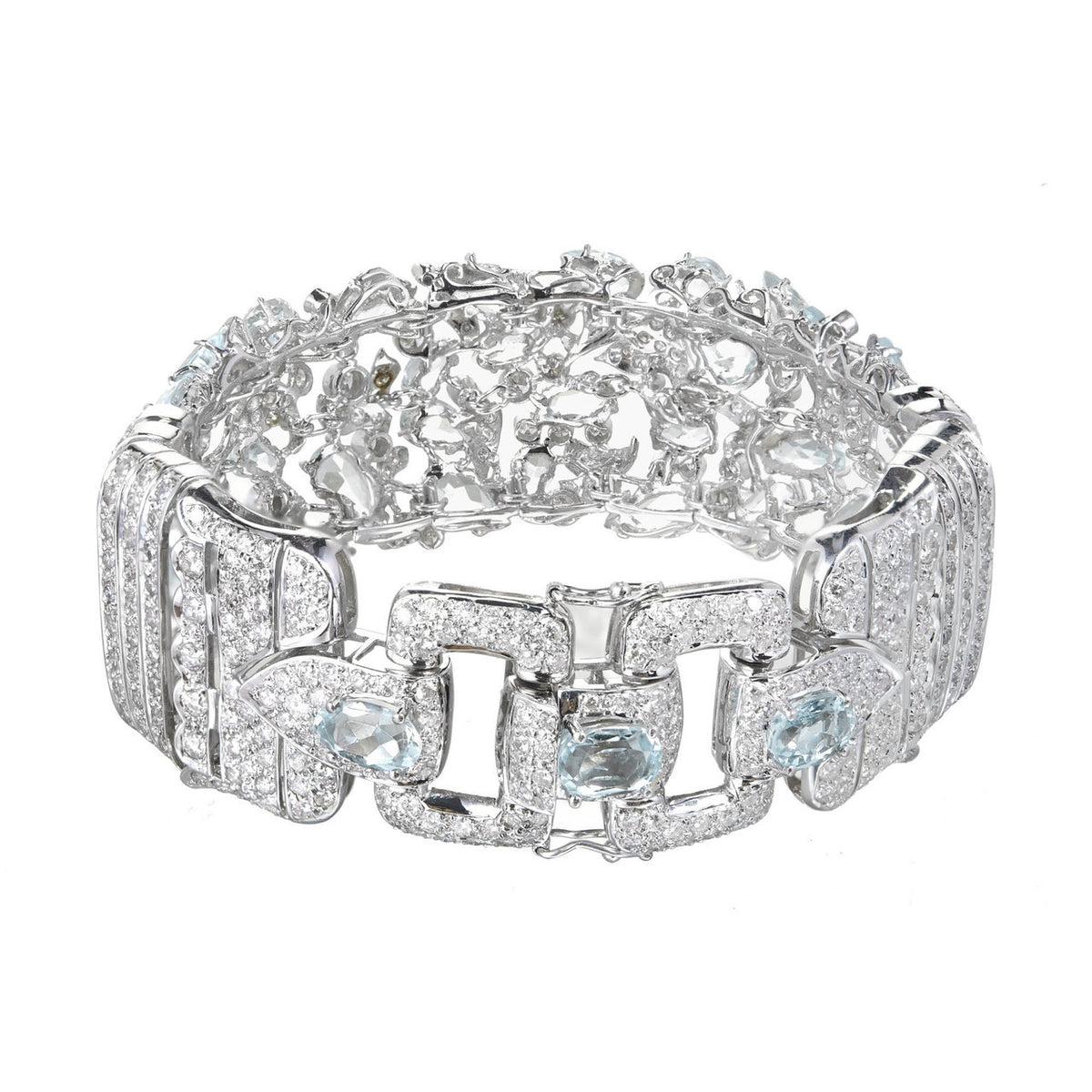 Vintage 1950 Wide Aqua Diamond Bracelet 18 Karat White Gold – image 3