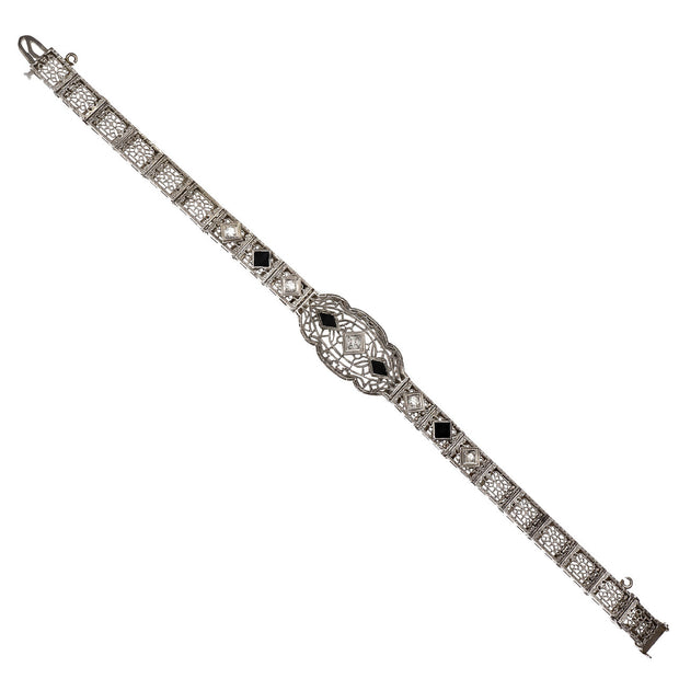 Art Deco .15 Carat Diamond Onyx White Gold Bracelet
