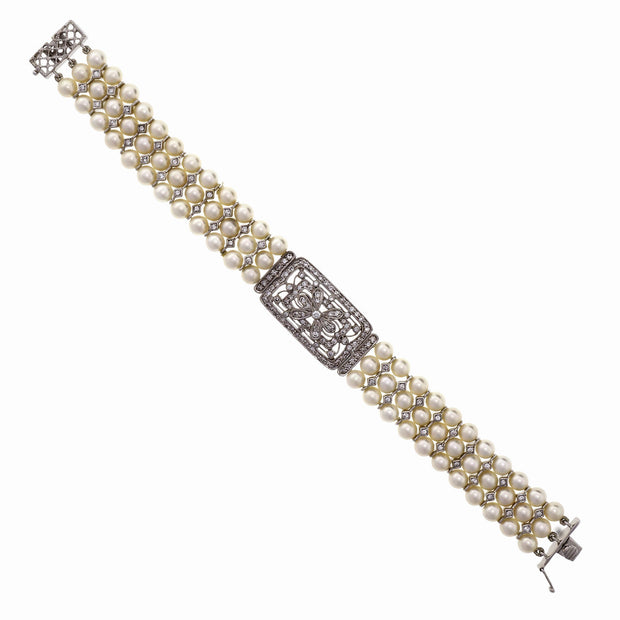 Three Row Cultured Pearl Diamond Bracelet 18k White Gold