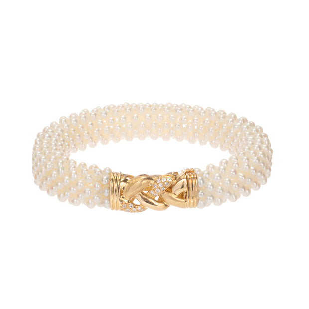 Freshwater Pearl Diamond Yellow Gold Multi Strand Bracelet